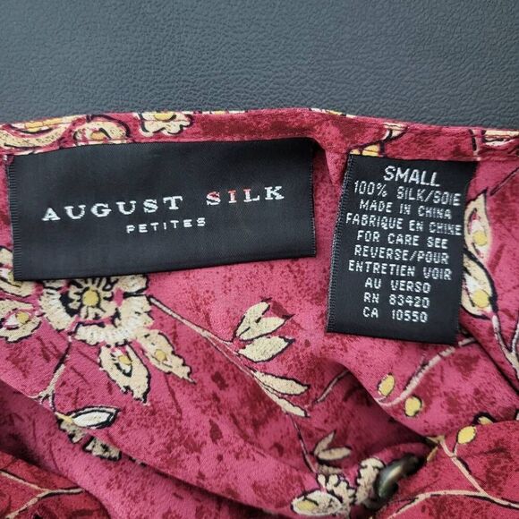 Vtg August Silk Womens Small Petite Button Front 100% Silk Tunic Top Red Floral - Picture 5 of 7